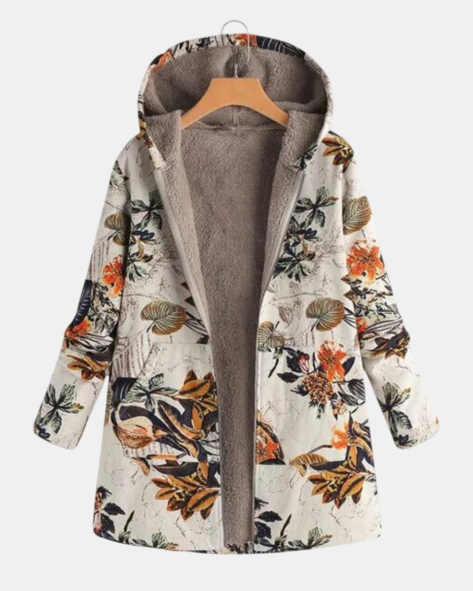 Elena – Boho kvetinový sherpa kabát s kapucňou