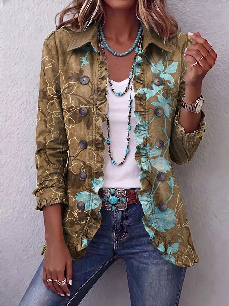 Lilia | Boho vintage kvetinová bunda s volánmi a prechodom farieb